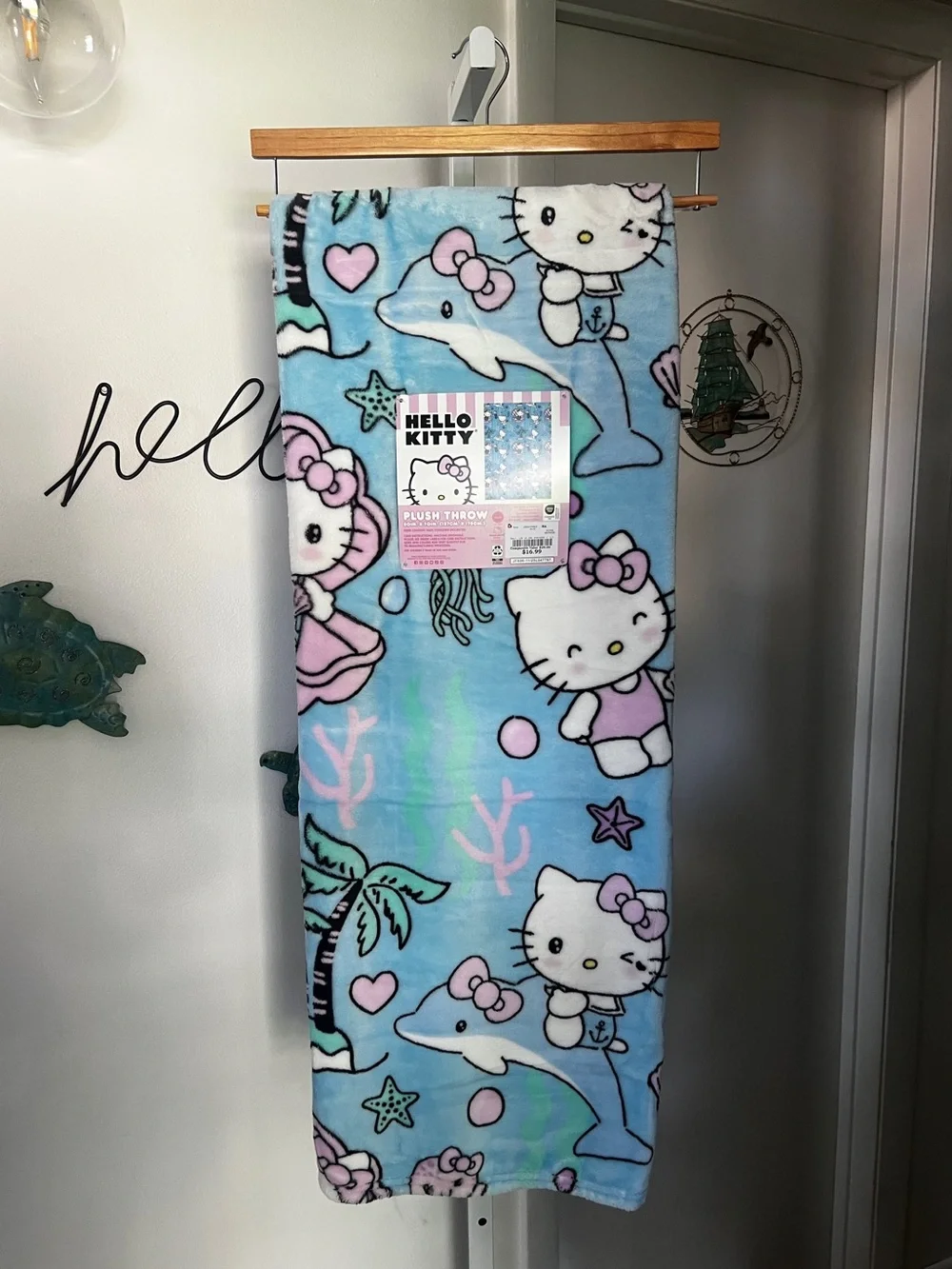 NEW Hello Kitty Mermaid Dolphin Jellyfish Throw Blanket 50”x70” Blue Pink